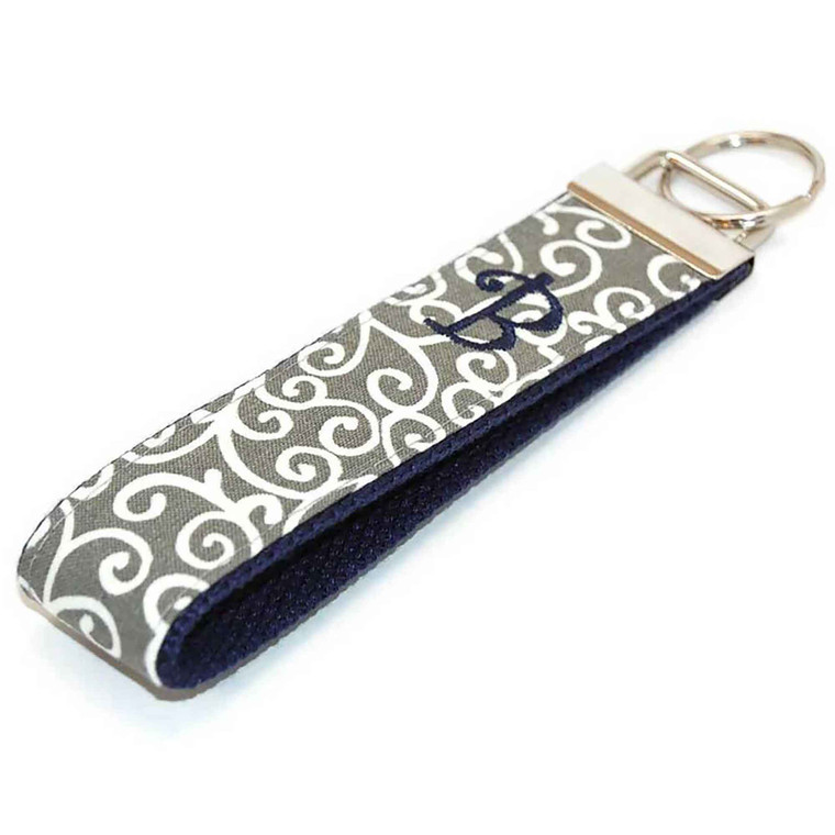 Floral Swirls Gray on Navy Personalized Key Fob