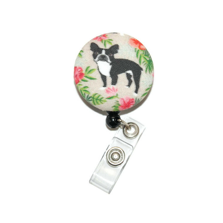 boston terrier id badge reel with fabric cover