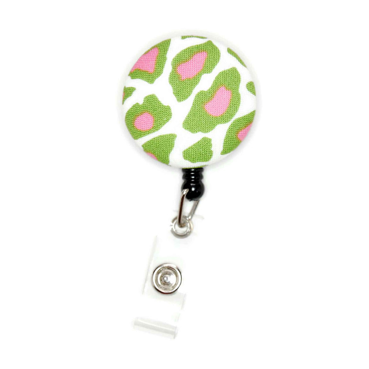 pink leopard id badge reel with fabric cover