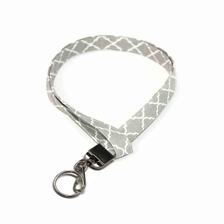 Grey and White Moroccan Tile Quatrefoil Fabric Lanyard Picture 1