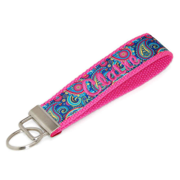 Navy Paisley Ribbon Keychain Personalized Name Picture 1