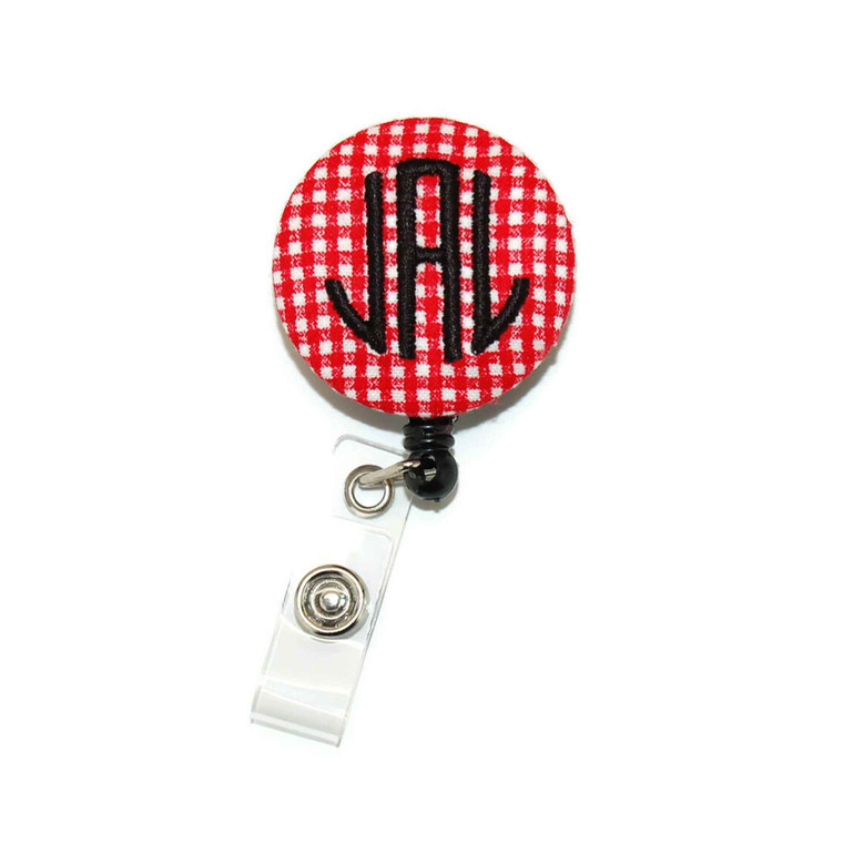 Red Gingham Check ID Badge Reel Personalized Monogram Picture 1