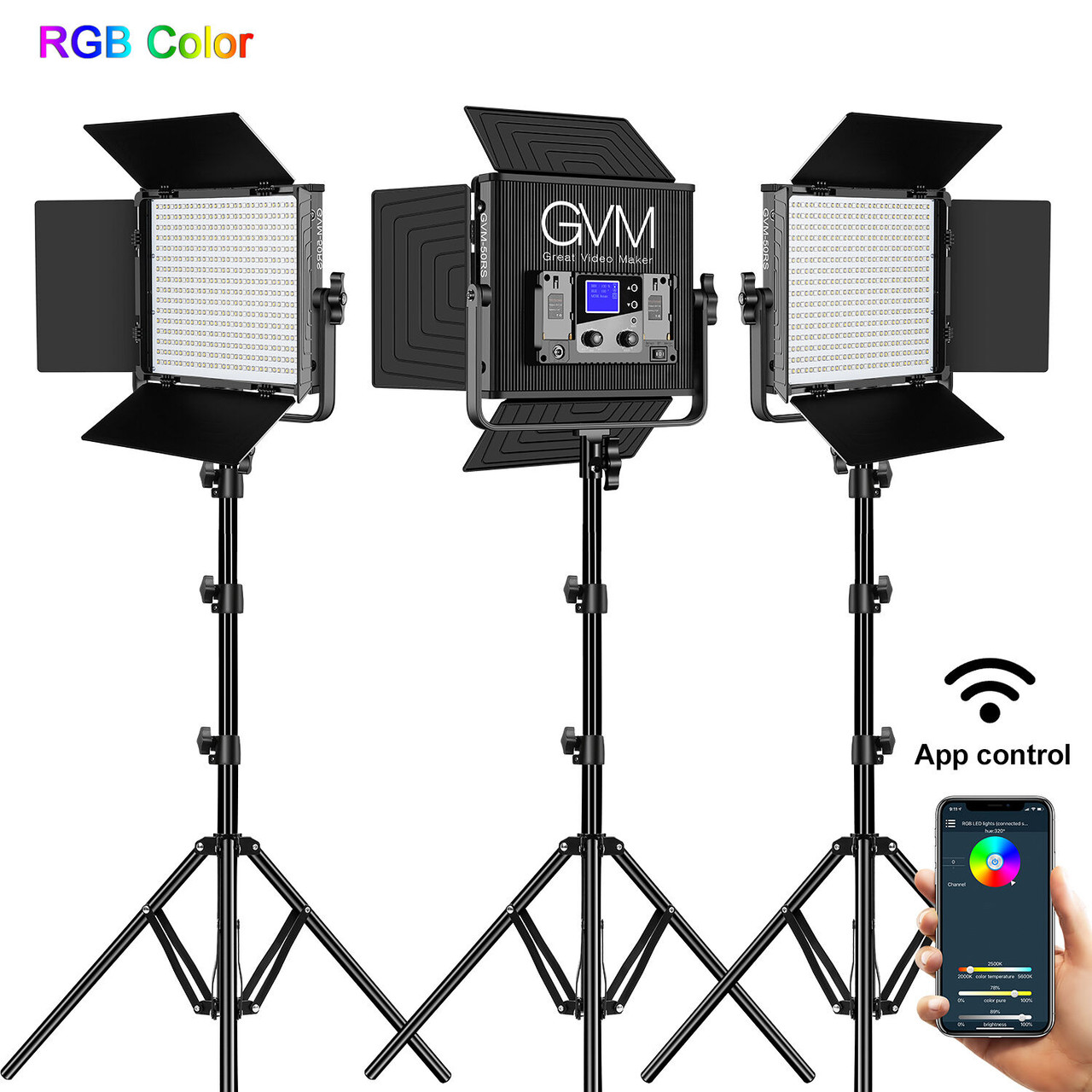 GVM GVM-50RS3L RGB LED Studio 3-Light Soft Video Light Panel Kit
