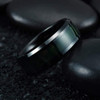 Men's Tungsten Wedding Band (8mm). Black with Ultra Dark Green Wood Inlay and Beveled Edges