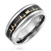 Unisex or Men's Titanium EKG Heartbeat Wedding Band (8mm). Silver Band with Gold Inlay Heart Life-line on Black Carbon Fiber. Light Weight Titanium Comfort Fit Love Ring