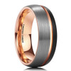 Men's Tungsten Wedding Band (8mm). Domed Top Triple Tone Black, Gray and Rose Gold Tone Striped Pattern. Comfort Fit Tungsten Ring 