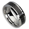 Men's Tungsten Wedding Band (8mm). Silver and Black Carbon Fiber Inlay Comfort Fit.