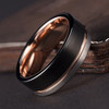Men's Tungsten Wedding Band (8mm). Triple Tone Black, Gray and Rose Gold Tone Striped Pattern. Tungsten Ring Comfort Fit