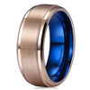 Men's Tungsten Wedding Bands (8mm). Rose Gold with Inner Blue. Tungsten Carbide High Polish Sides and Matte Finish. Comfort Fit.