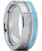 Men's or Women's Wedding Tungsten Wedding Band (8mm). Silver Tungsten Band with Blue Turquoise and Inspired Meteorite Inlay. Pipe Cut Tungsten Carbide Ring. Comfort Fit