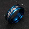 Men's Stainless Steel Wedding Band (8mm). Chinese Dragon Blue Ring Band with Gold Dragon Over Blue Carbon Fiber Inlay. 