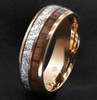 Men's Wedding Tungsten Wedding Band (8mm). Rose Gold Tungsten Band with Wood Inlay and Inspired Meteorite. Domed Tungsten Carbide Ring. Comfort Fit