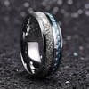 Women's or Men's Wedding Tungsten Wedding Band (8mm). Silver Tungsten Band with Blue Carbon Fiber Inlay and Inspired Meteorite. Domed Tungsten Carbide Ring. Comfort Fit