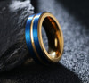 Men's Stainless Steel Wedding Bands (8mm). Blue with Gold Groove and Inner Gold. High Polish Inside and Matte Finish Brushed Top.