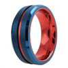 Men's Tungsten Wedding Band (8mm). Blue with Red Groove. Matte Finish Tungsten Carbide Ring. Beveled Edge