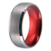 Men's Tungsten Wedding Band (8mm). Top Silver Matte Finish with Duo Inner Red Tone. Tungsten Carbide Ring with Beveled Edge