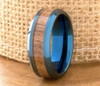 Men's Blue Tungsten Wedding Band with Real Wood Inlay (8mm). High Polish Beveled Edge Top Tungsten Ring