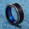 Men's Tungsten Wedding Band (8mm). Triple Tone Black, Blue and Gray Tone Striped Pattern. Tungsten Ring Comfort Fit