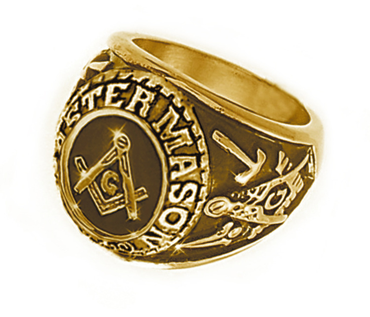 Mason Gold Color Freemason College Style Masonic Rings - with classic center design and etched symbols - Stainless Steel w/ Gold Plating