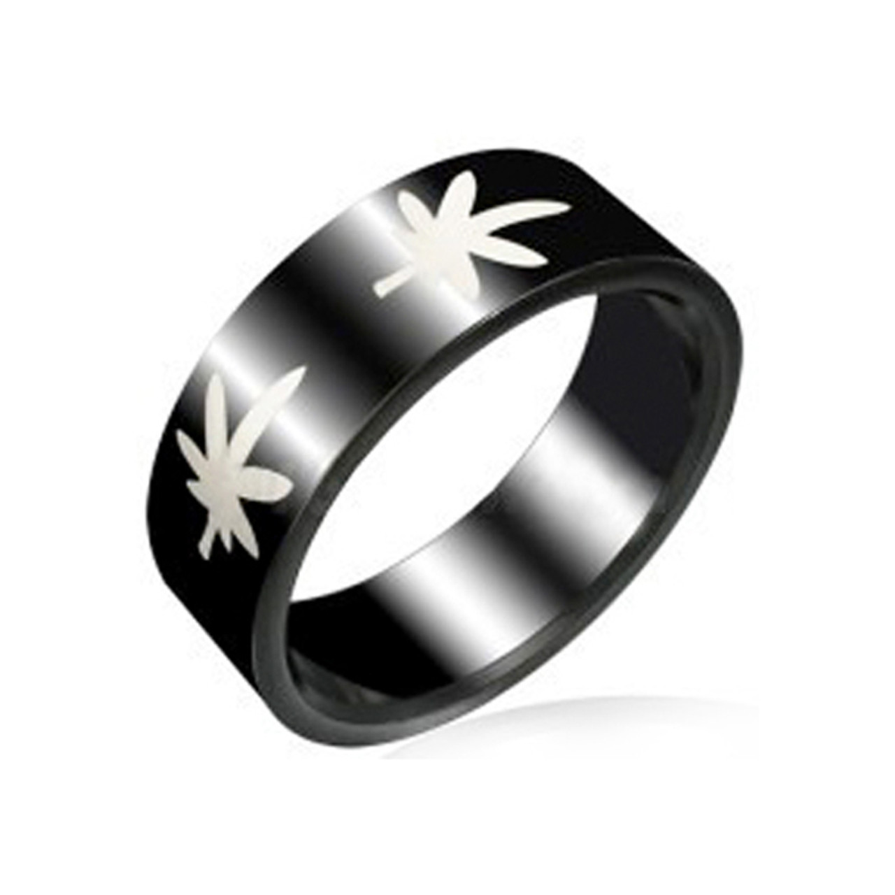  Marijuana Pot Leaf - Black Steel Ring w/ White Leaves (420 / Hemp), marijuana jewelry, pot leaf rings, marijuana leaf rings, ganja ring, 420 ring, cannabis jewelry, cannabis symbol rings, 