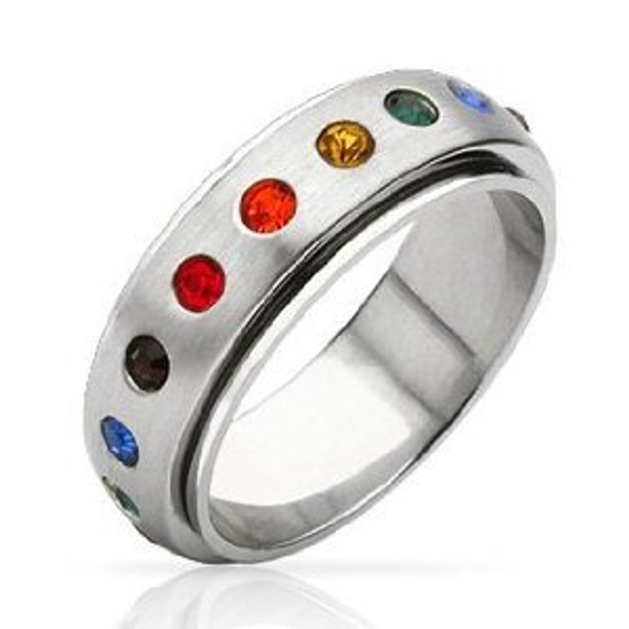 Rainbow Spinner Ring - Gay & Lesbian Pride Stainless Steel Ring w/ CZ Stones - rainbow ring, pride spinner rings, gay spinner rings, lesbian spinner srings, 
