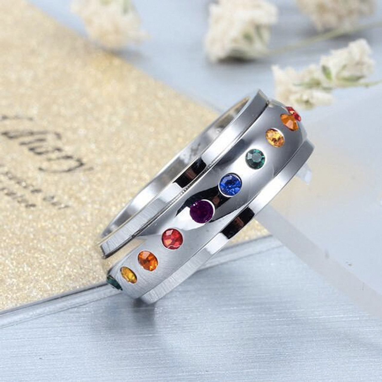 LGBTQ ring, rainbow ring, gay spinner ring, rainbow CZ spinner ring,  gay pride stores near me, gay shop, gay jewelry, lesbian jewelry, lesbian rainbow spinner rings