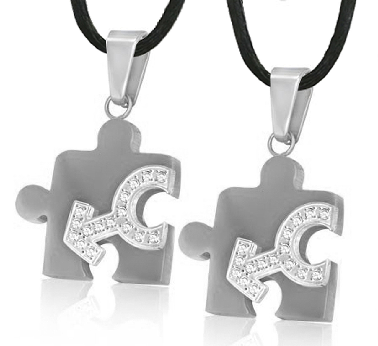 2pc Bling Set - Male CZ Puzzle Steel & Mars Symbol Pendants - Men's Gay Pride Jewelry Set Necklaces