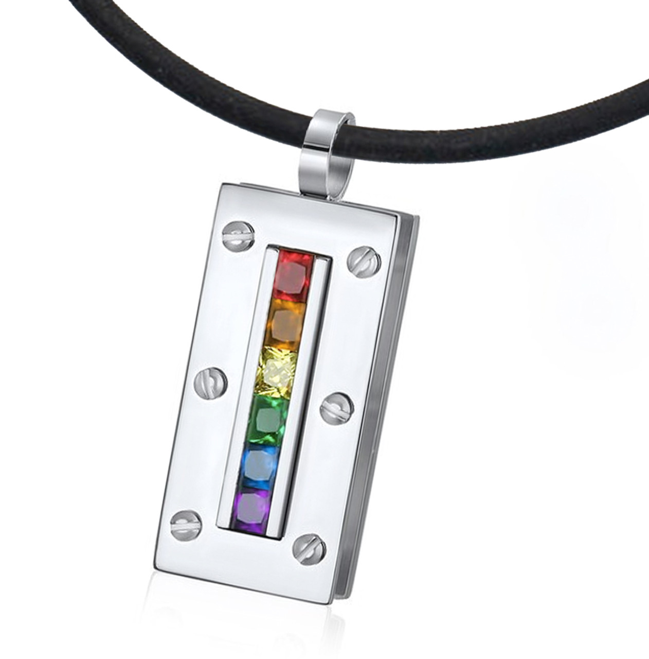 Rainbow Steel Gated CZ Pendant - Gay & Lesbian LGBT Pride Steel Necklace  gay pendant, rainbow pendant, pride pendant, gay jewelry, pride pendants, 
gay pride pendant, rainbow flag pendant, lesbian pride pendant,  lesbian jewelry, lesbian pendant,