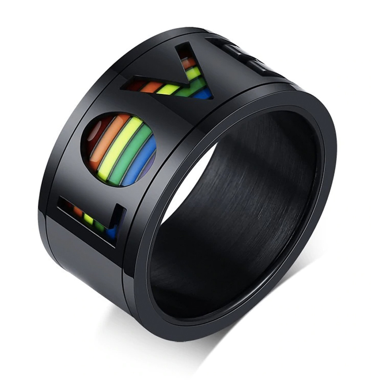 Love Text Rainbow Spinner Ring - Gay & Lesbian Pride - Black Stainless Steel Ring with Spinning Rainbow Flag Design  gay spinner rings, lesbian pride spinner rings, lesbian fidget, gay fidget, gay jewelry, lesbian pride jewelry,