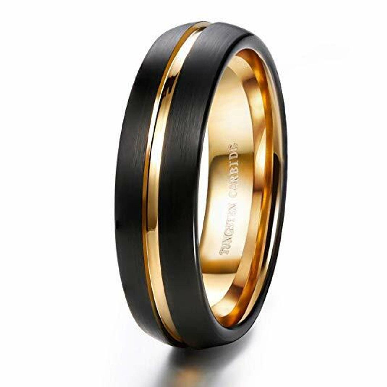 Unisex or Women's Tungsten Wedding Band (6mm). Black and 14K Yellow Gold Grooved Top and Inside. Matte Finish Tungsten Carbide Ring with Beveled Edges.