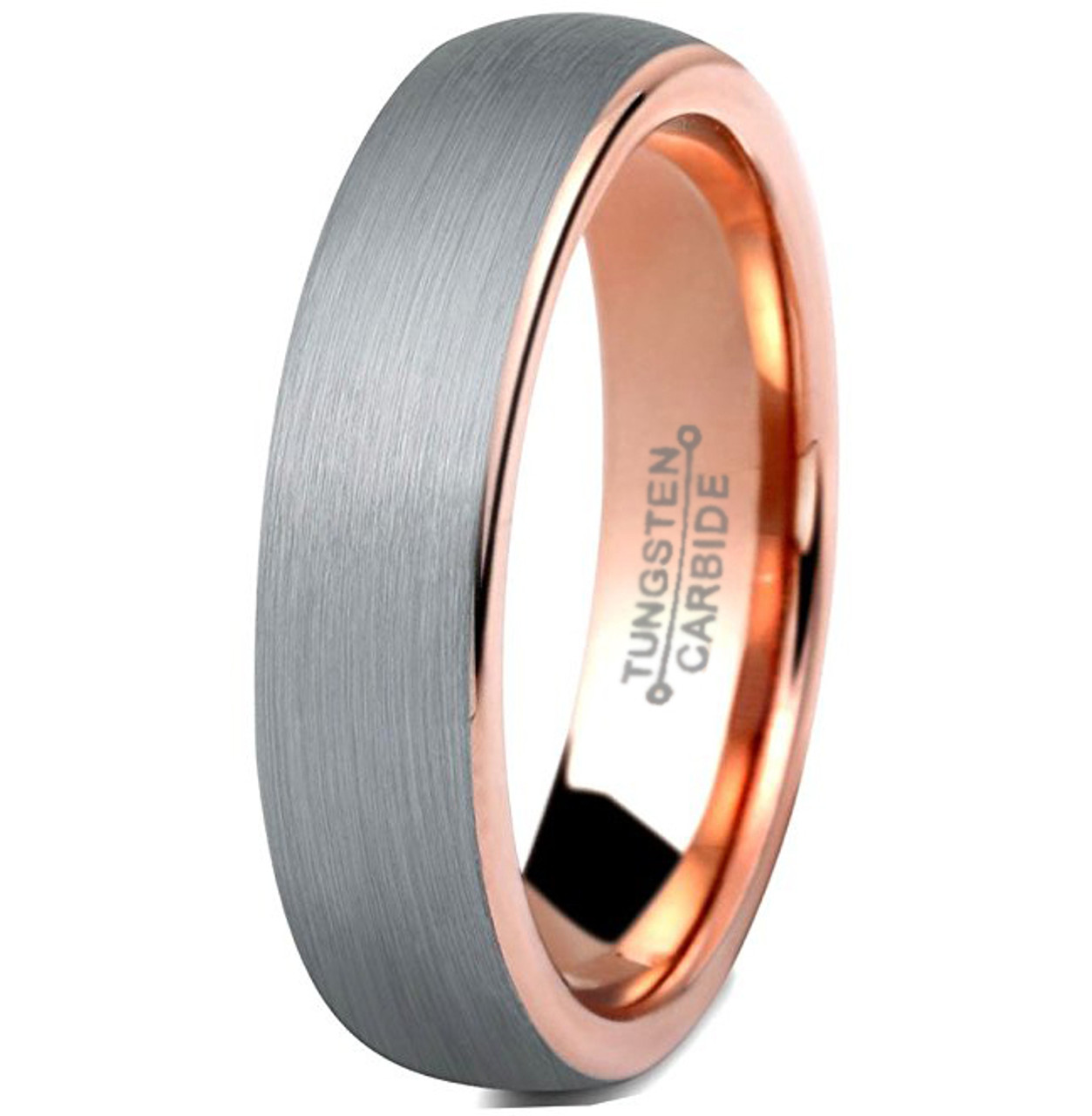5mm - Women's Tungsten Wedding Band Ring (5mm). Comfort Fit Gray and Rose Gold Round Domed Brushed. Unisex Wedding Bands