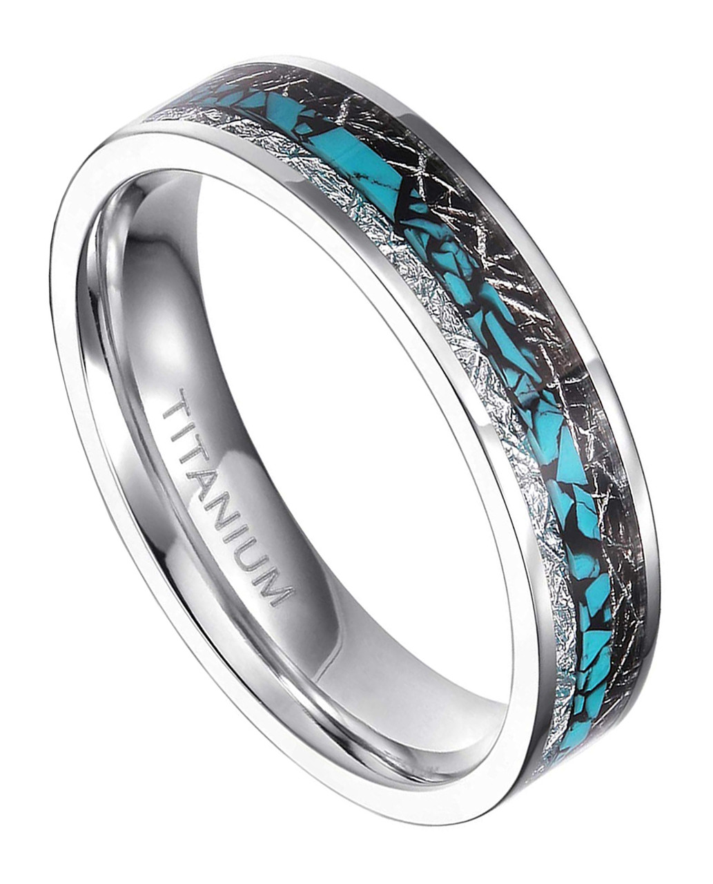 Women's Titanium Wedding Band (6mm). Silver and Tri Color - Titanium Ring with Turquoise and Double Inspire Meteorite Inlay. Comfort Fit Light Weight