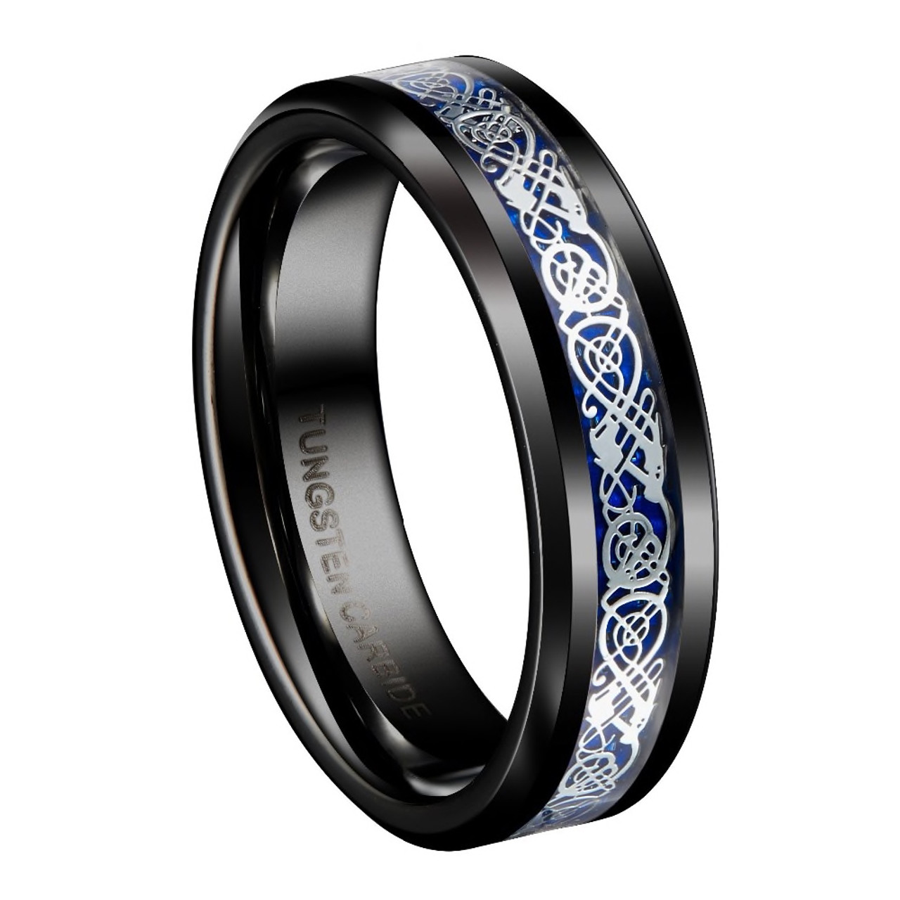 Women's Tungsten Wedding Band (6mm). Celtic Wedding Band Black with Silver and Blue Resin Inlay. Celtic Knot Tungsten Carbide Ring