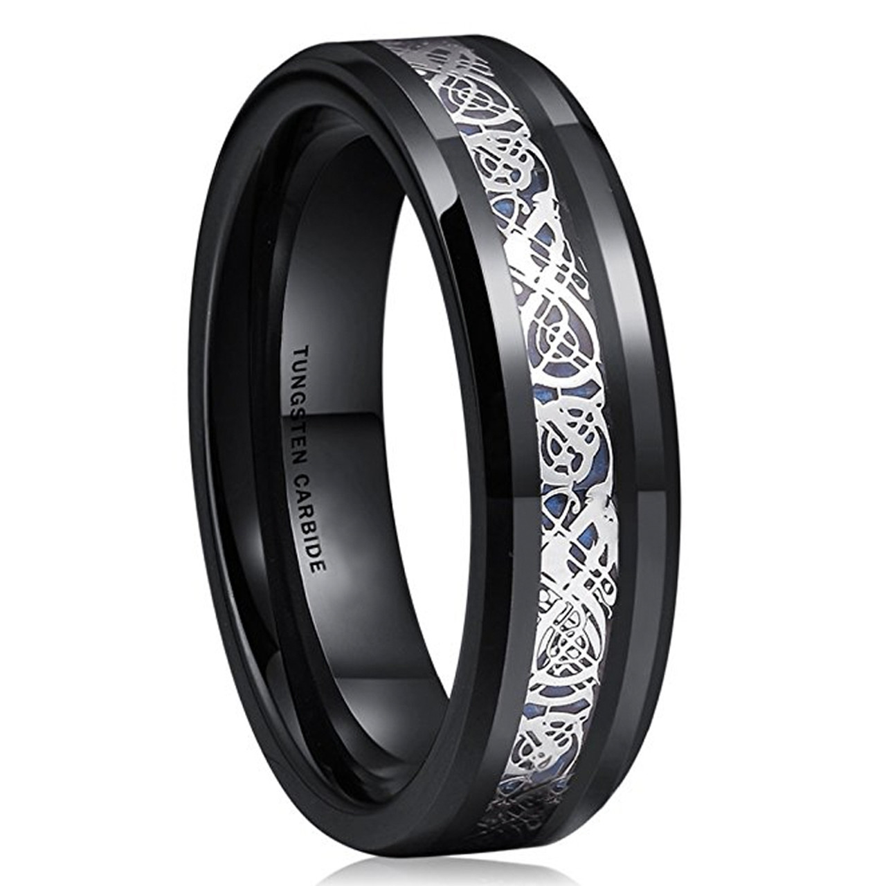 Women's Tungsten Wedding Band (6mm). Celtic Wedding Band Black with Silver and Blue Resin Inlay. Celtic Knot Tungsten Carbide Ring