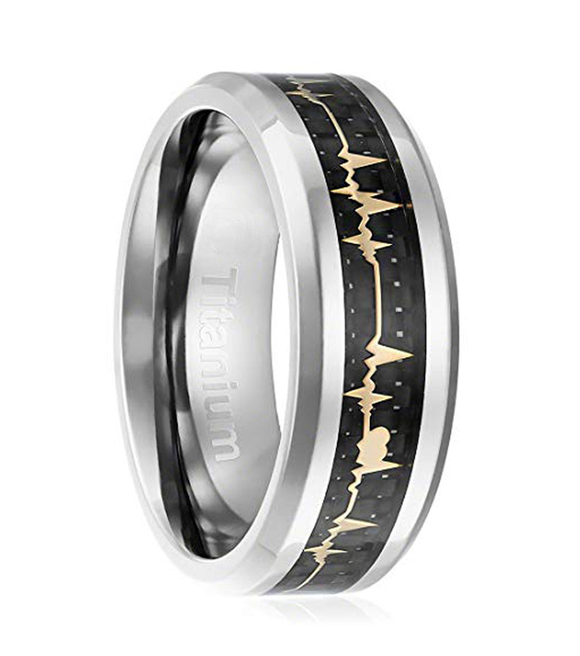 Unisex or Men's Titanium EKG Heartbeat Wedding Band (8mm). Silver Band with Gold Inlay Heart Life-line on Black Carbon Fiber. Light Weight Titanium Comfort Fit Love Ring
