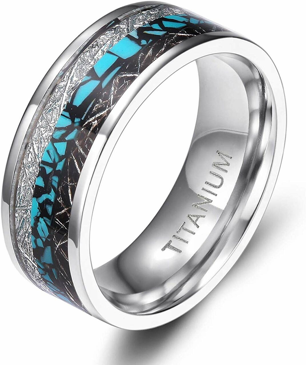 Men's Titanium Wedding Bands (8mm). Silver and Tri Color - Titanium Ring with Turquoise and Double Inspired Meteorite Inlay. Comfort Fit Light Weight