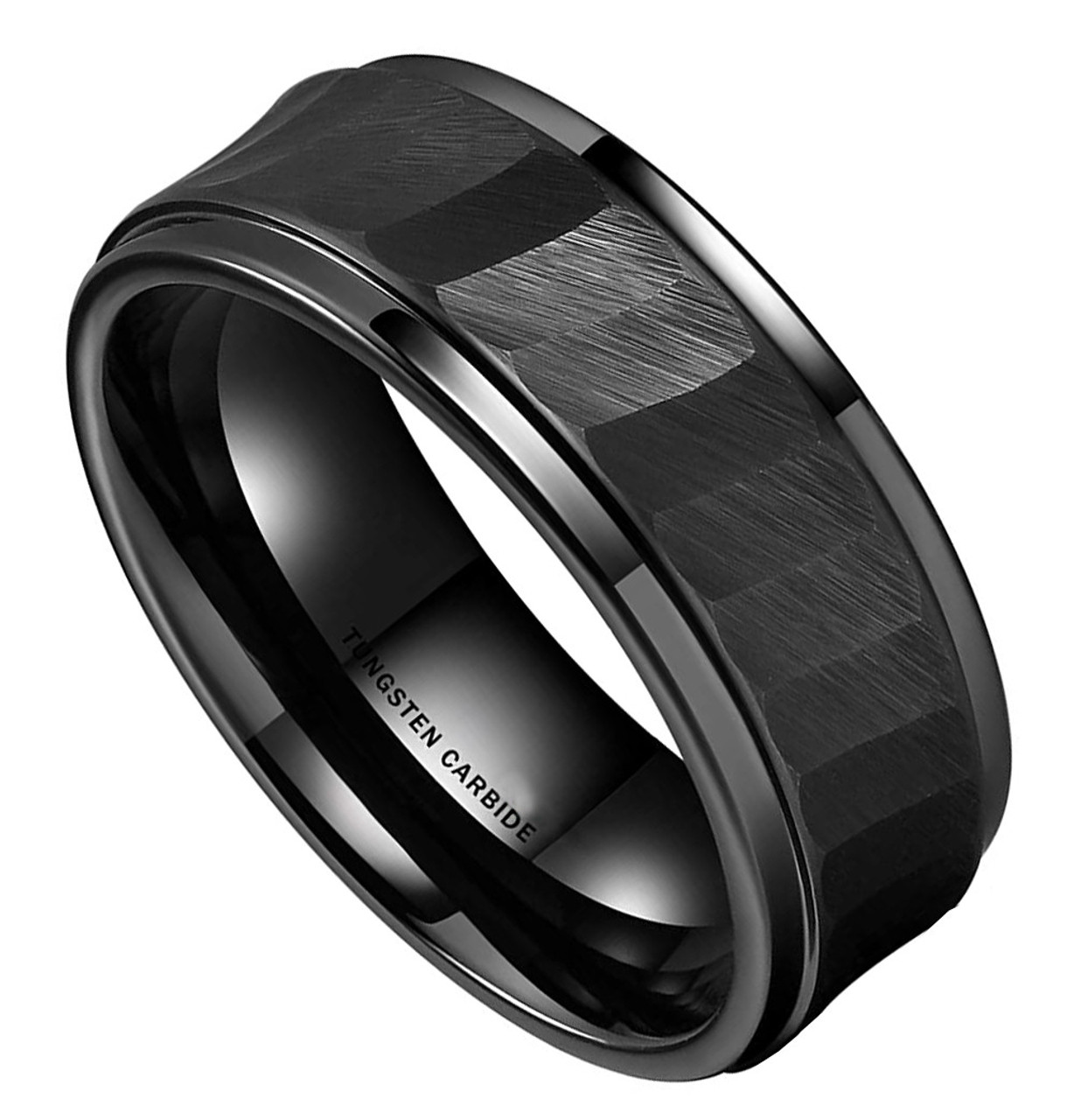 Men's Tungsten Wedding Band (8mm). Black Hammered Finish Tungsten Carbide Ring with Beveled Edge.