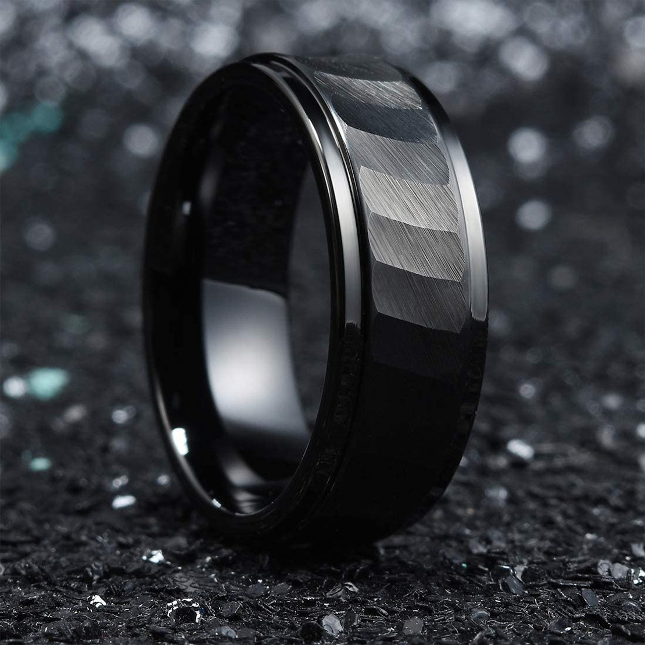 Men's Tungsten Wedding Band (8mm). Black Hammered Finish Tungsten Carbide Ring with Beveled Edge.