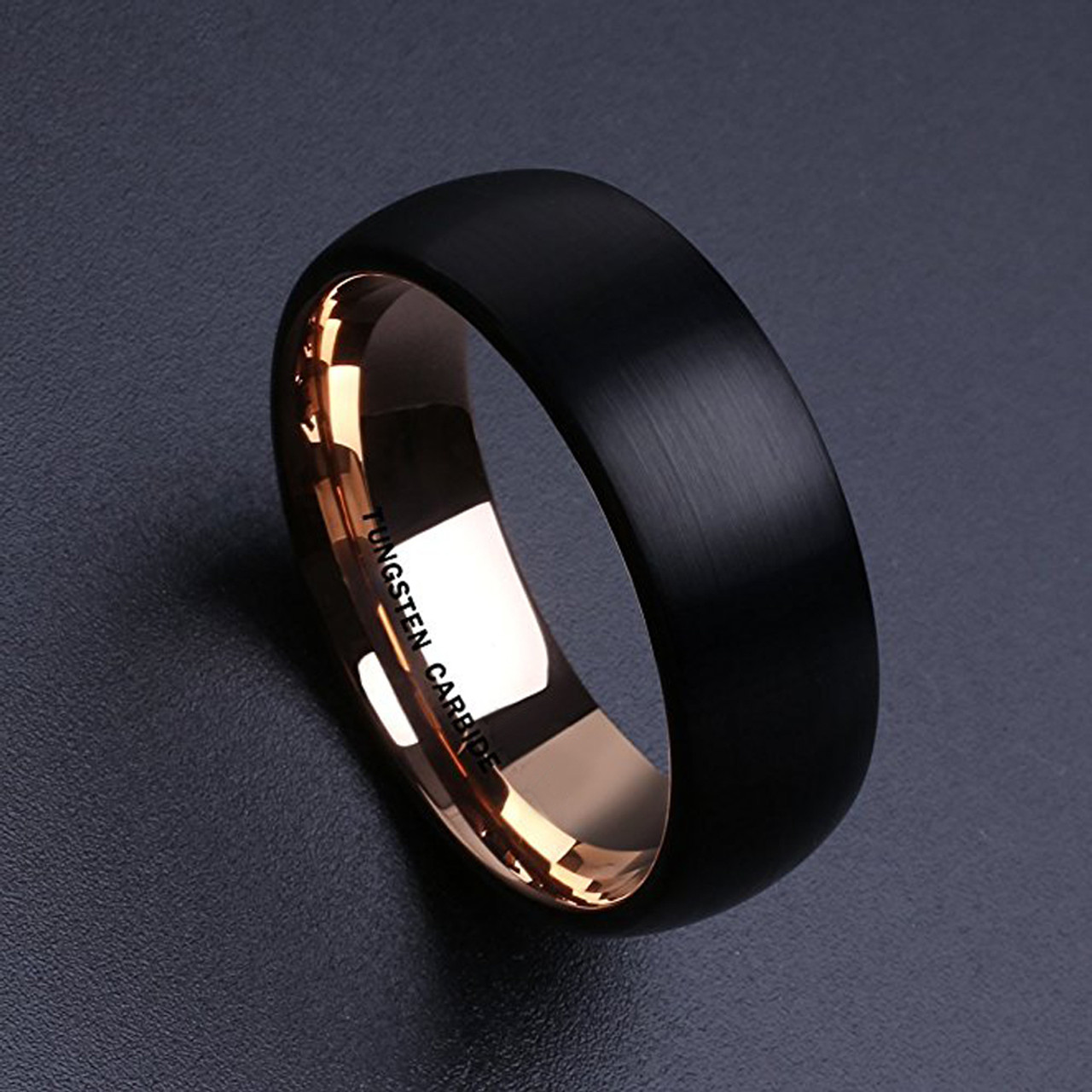 Unisex or Men's Tungsten Wedding Band (8mm). Black Matte Finish Tungsten Carbide Ring with Inside Rose Gold Dome Edge