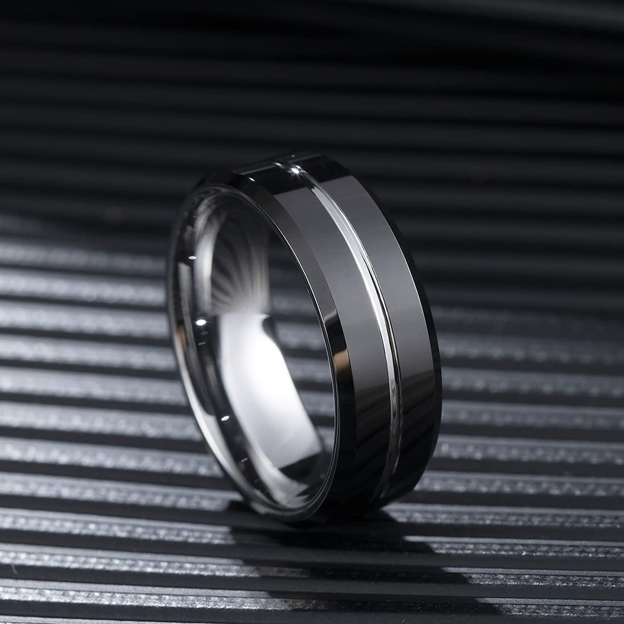 Men's Tungsten Wedding Band (8mm). Black Polished Finish with Silver Tone Edges. Tungsten Carbide Ring. Flat Top - Beveled Edges