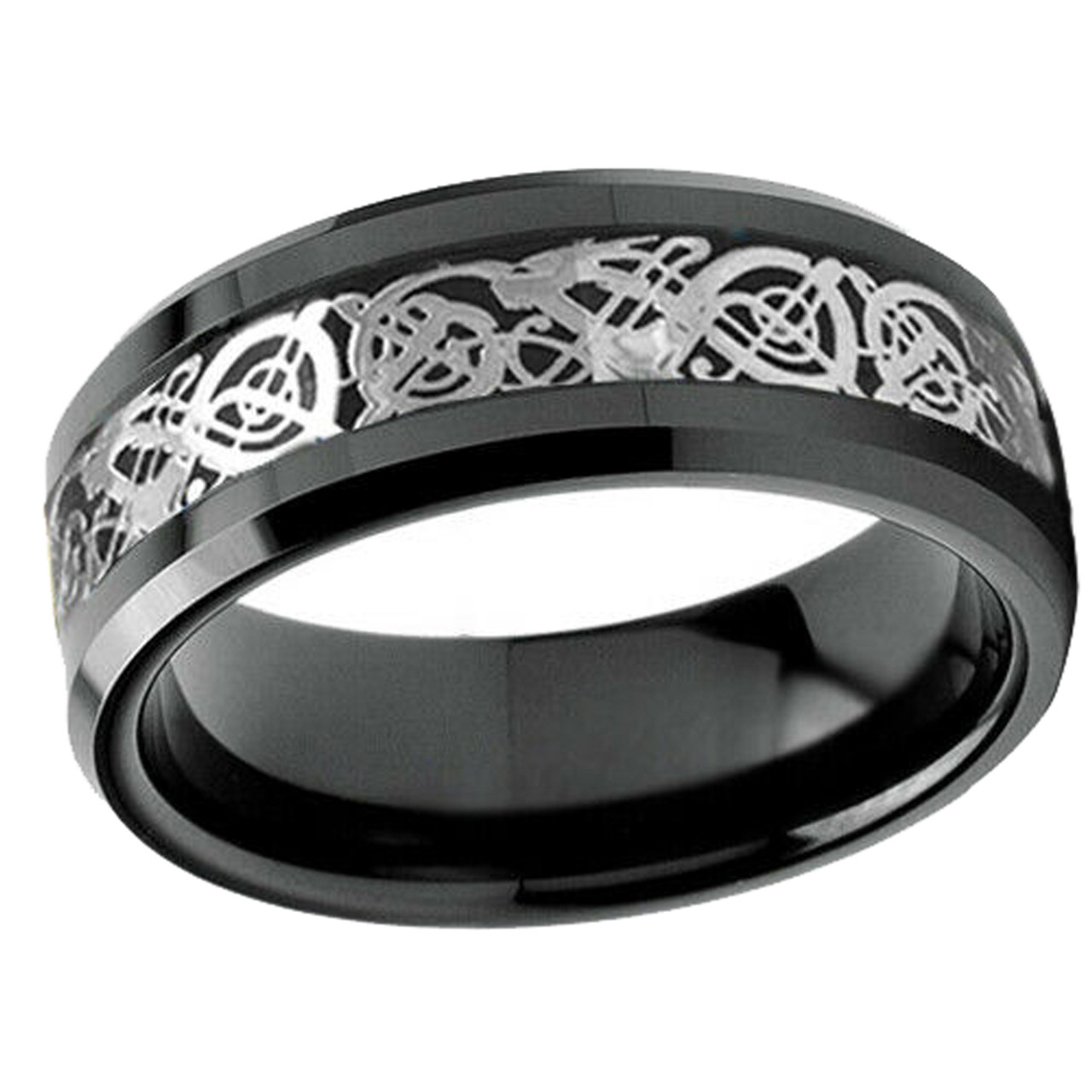 Unisex or Men's Tungsten Wedding Band (8mm). Black with Silver Celtic Wedding Band with Resin Inlay. Celtic Knot Tungsten Carbide Ring