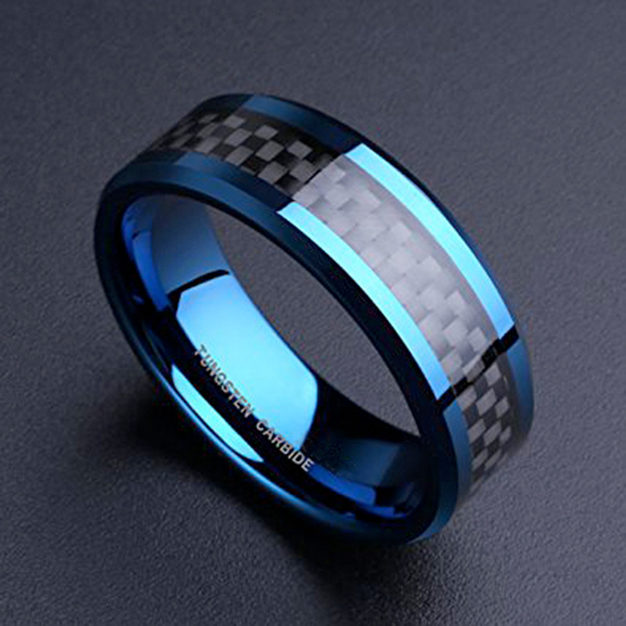 Men's Tungsten Wedding Band (8mm). Blue Ring with Black Carbon Fiber Inlay