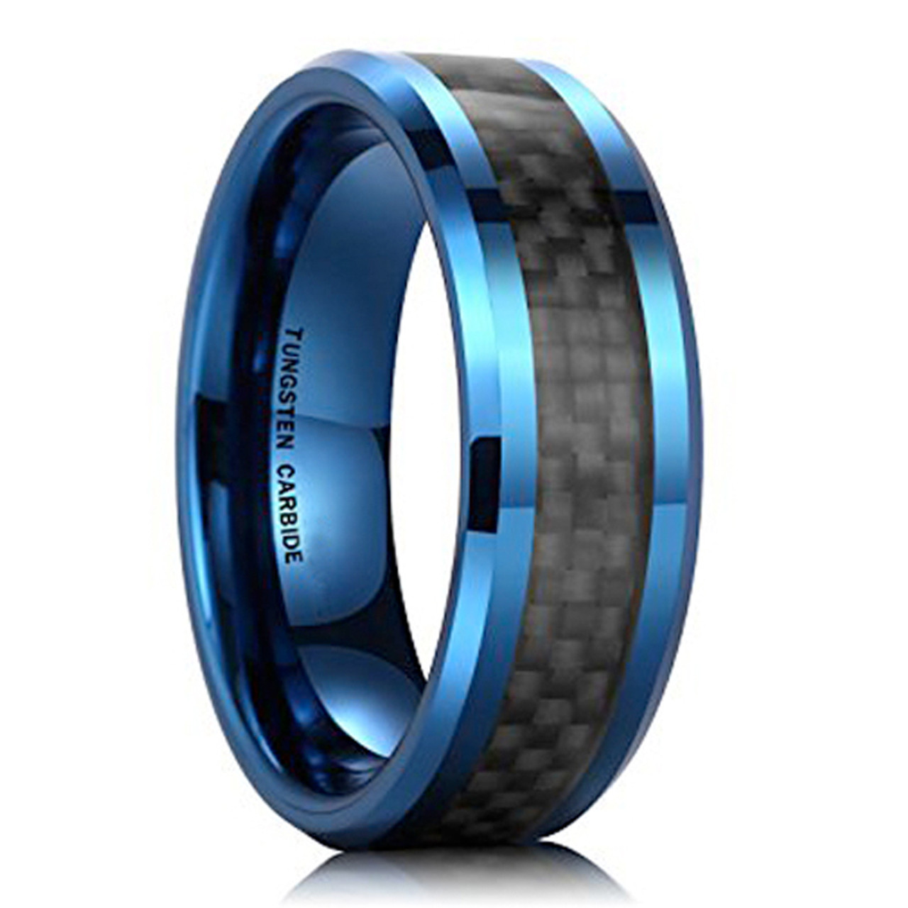 Men's Tungsten Wedding Band (8mm). Blue Ring with Black Carbon Fiber Inlay