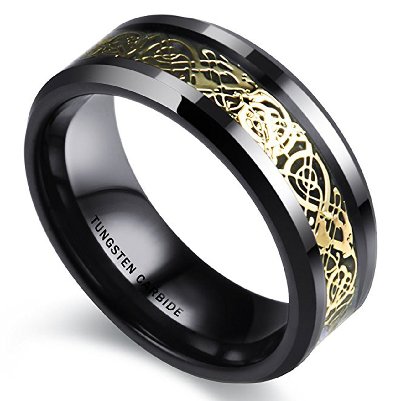 Men's Tungsten Wedding Band (8mm). Celtic Wedding Band Black with Gold Resin Inlay. Celtic Knot Tungsten Carbide Ring