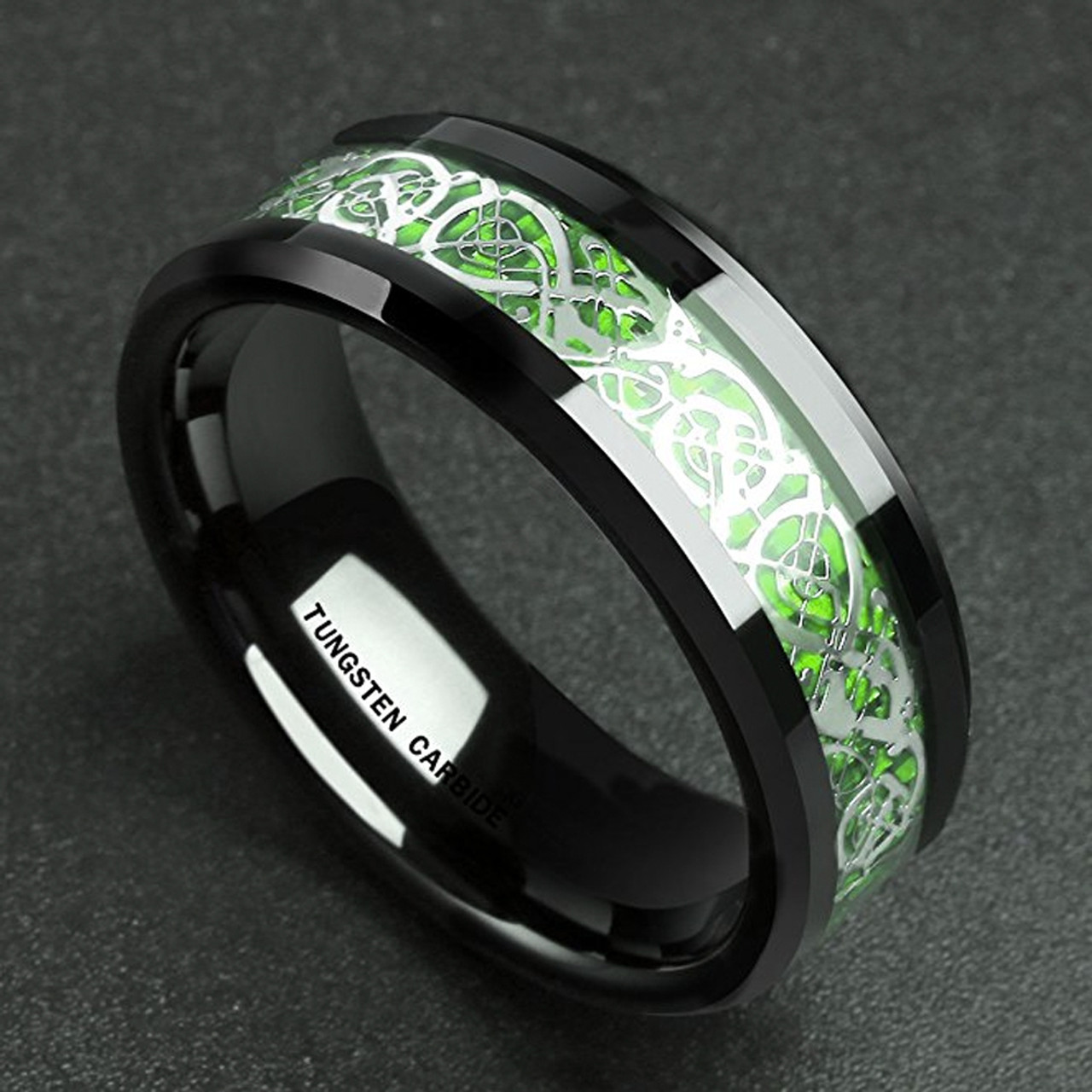 Unisex or Men's Tungsten Wedding Band (8mm). Celtic Wedding Band. Black Resin Inlay Silver and Bright Green Celtic Knot Ring