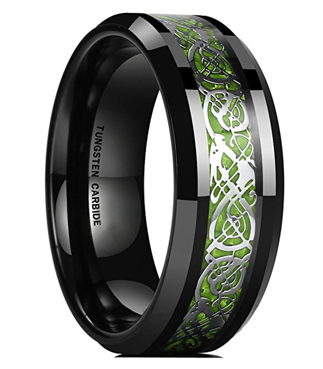 Unisex or Men's Tungsten Wedding Band (8mm). Celtic Wedding Band. Black Resin Inlay Silver and Bright Green Celtic Knot Ring