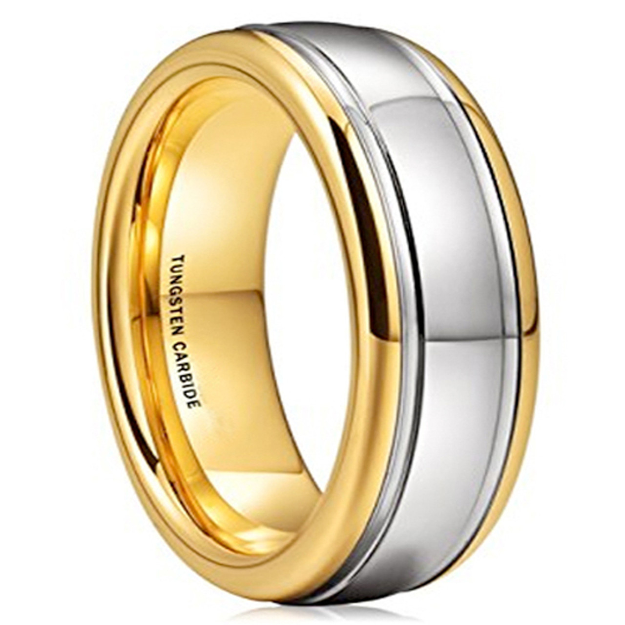 Unisex or Men's Tungsten Wedding Band (8mm). Gold and Silver Dome Gunmetal Bridal Ring. Tungsten Carbide Wedding Ring. Mens Jewelry