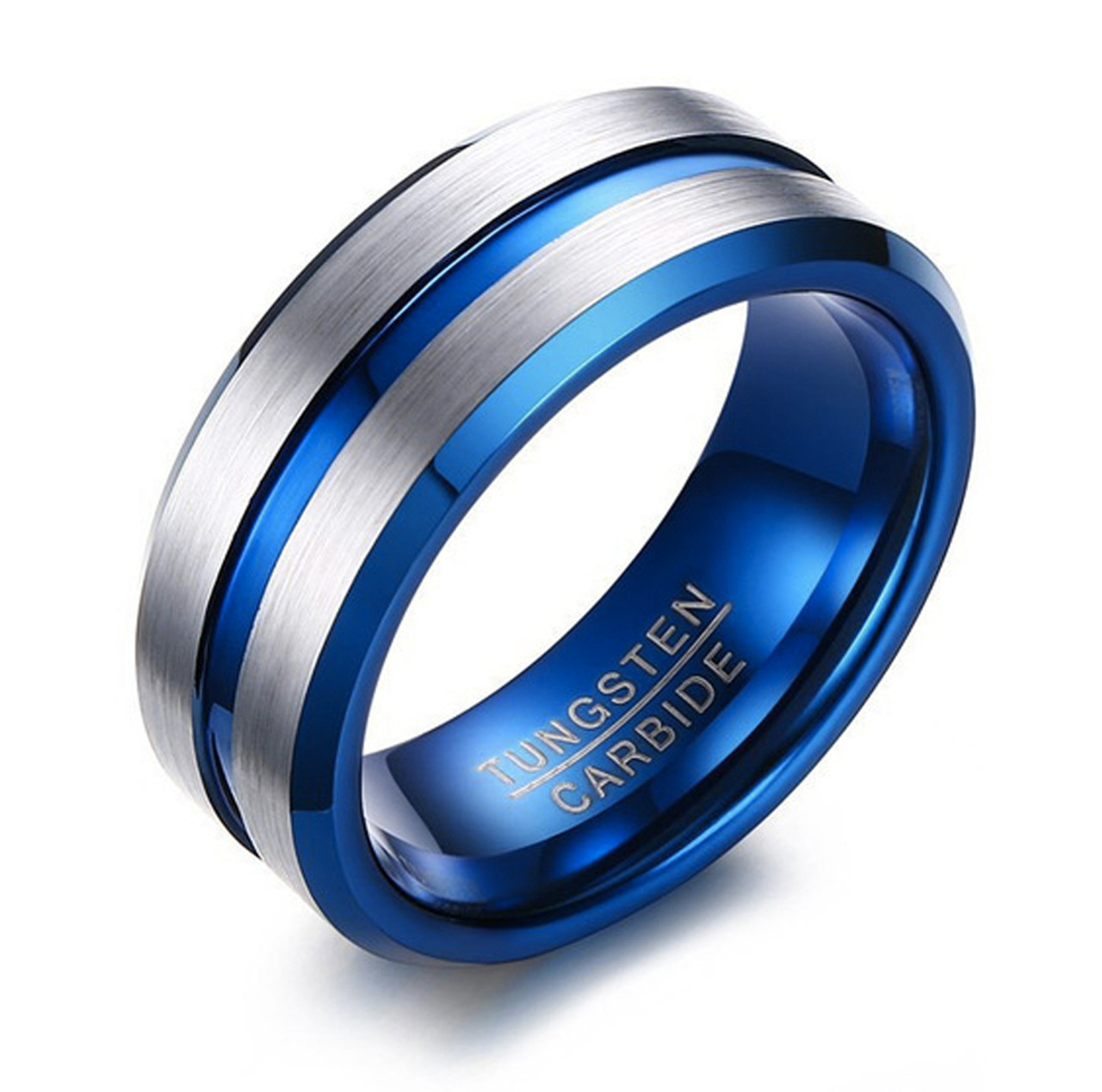 Men's Tungsten Wedding Band (8mm). Silver / Gray with Blue Groove. Matte Finish Tungsten Carbide Ring. Beveled Edge