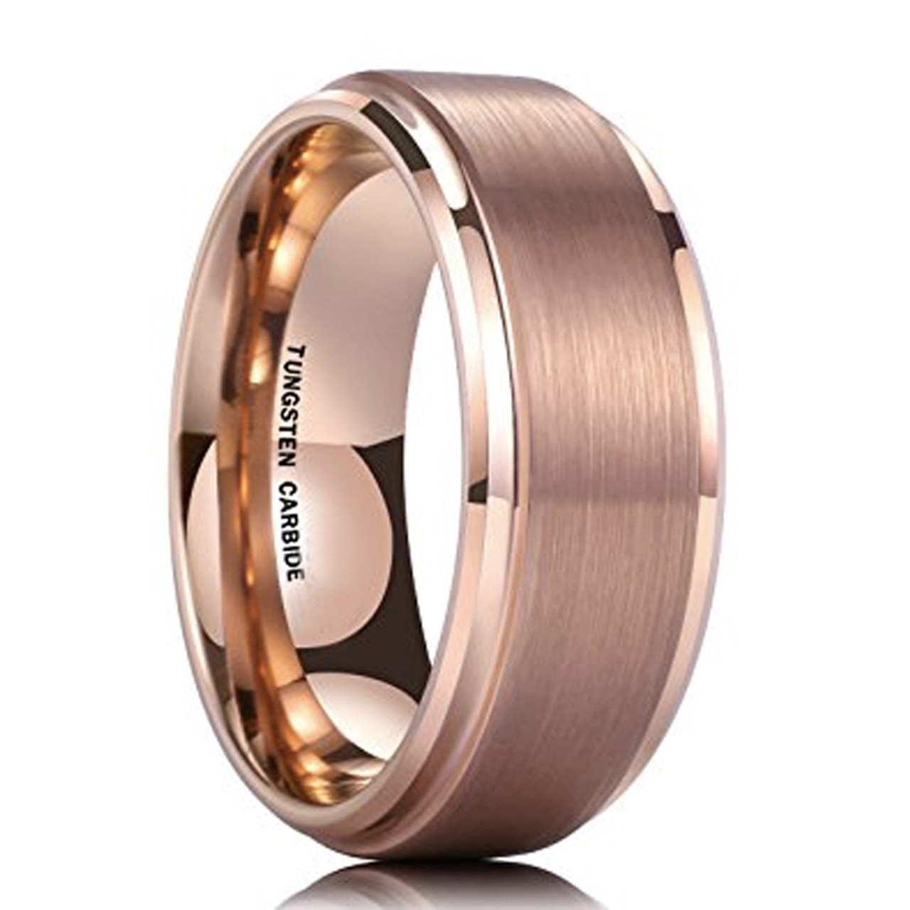 8mm - Unisex or Men's Tungsten Wedding Bands - Rose Gold Tungsten Carbide. High Polish Sides and Matte Finish. Comfort Fit.