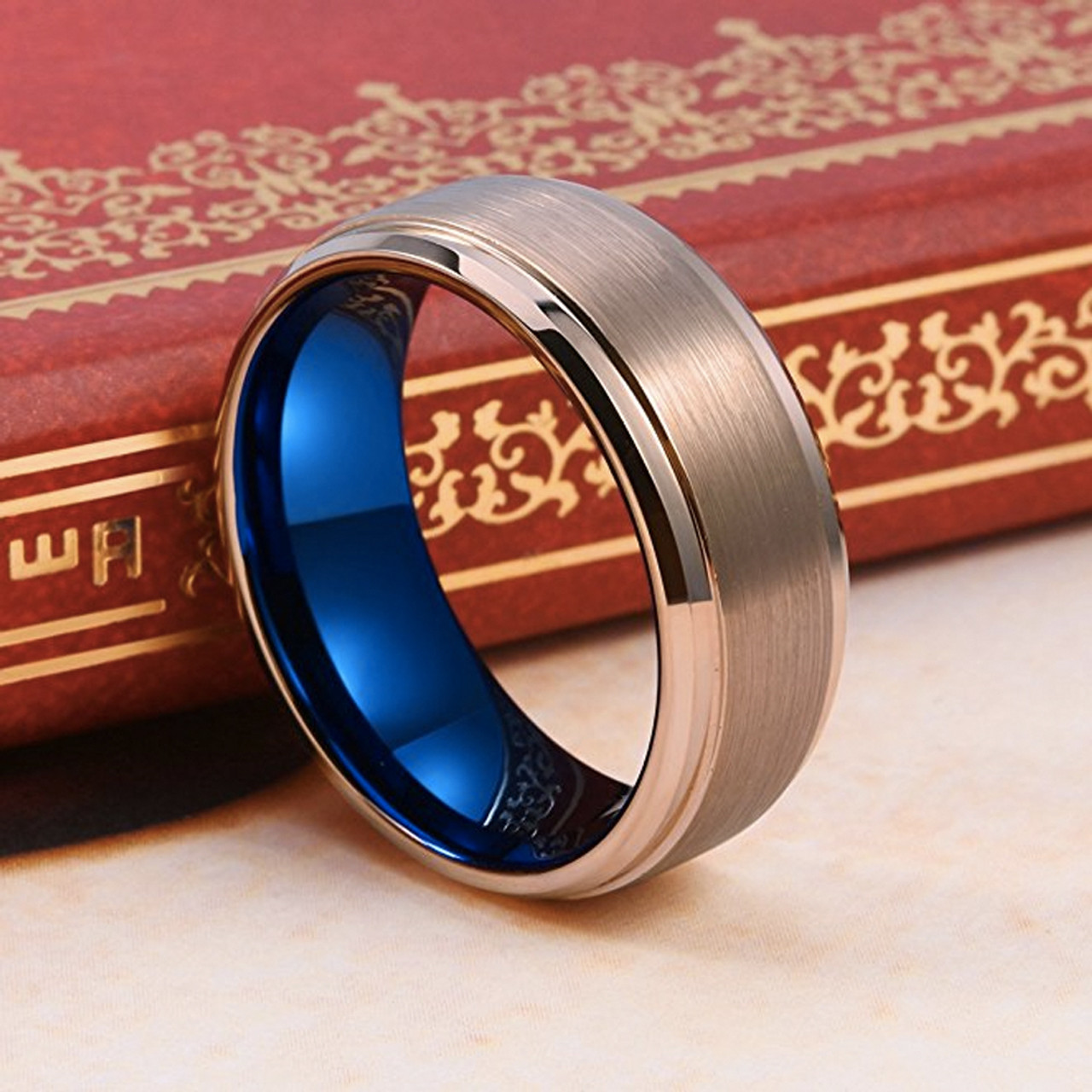 Men's Tungsten Wedding Bands (8mm). Rose Gold with Inner Blue. Tungsten Carbide High Polish Sides and Matte Finish. Comfort Fit. 